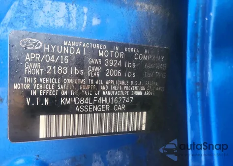 2017 Hyundai Elantra Se from USA, damaged, VIN KMHD84LF4HU162747